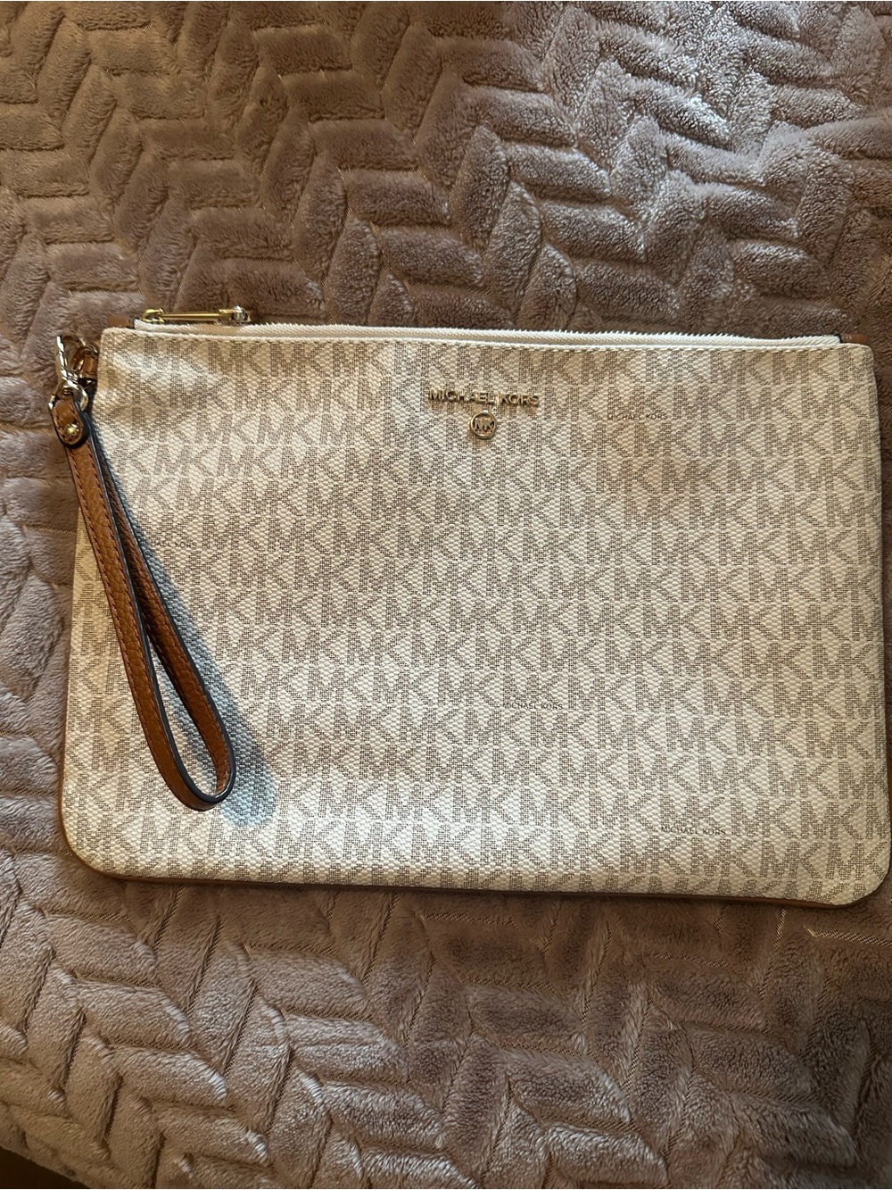 Michael Kors Cream Signature Wristlet Clutch with Tan Strap